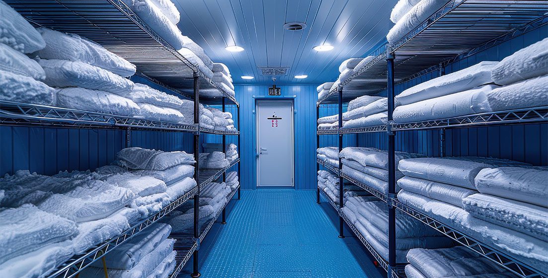 An interior view of a blue storage room containing several white materials on shelves, linked to MAPS refrigeration services